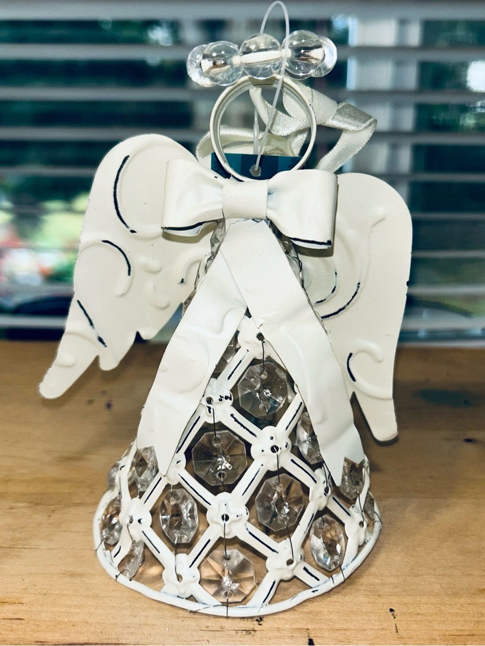 Angel White Metal Wings Crystal beaded ornament Or small Tree Topper 5.5” NWT